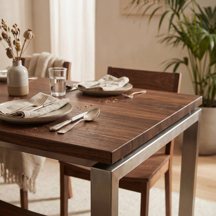 Detailaufnahme Hiru Esstisch Holzplatte und Edelstahl im Esszimmer