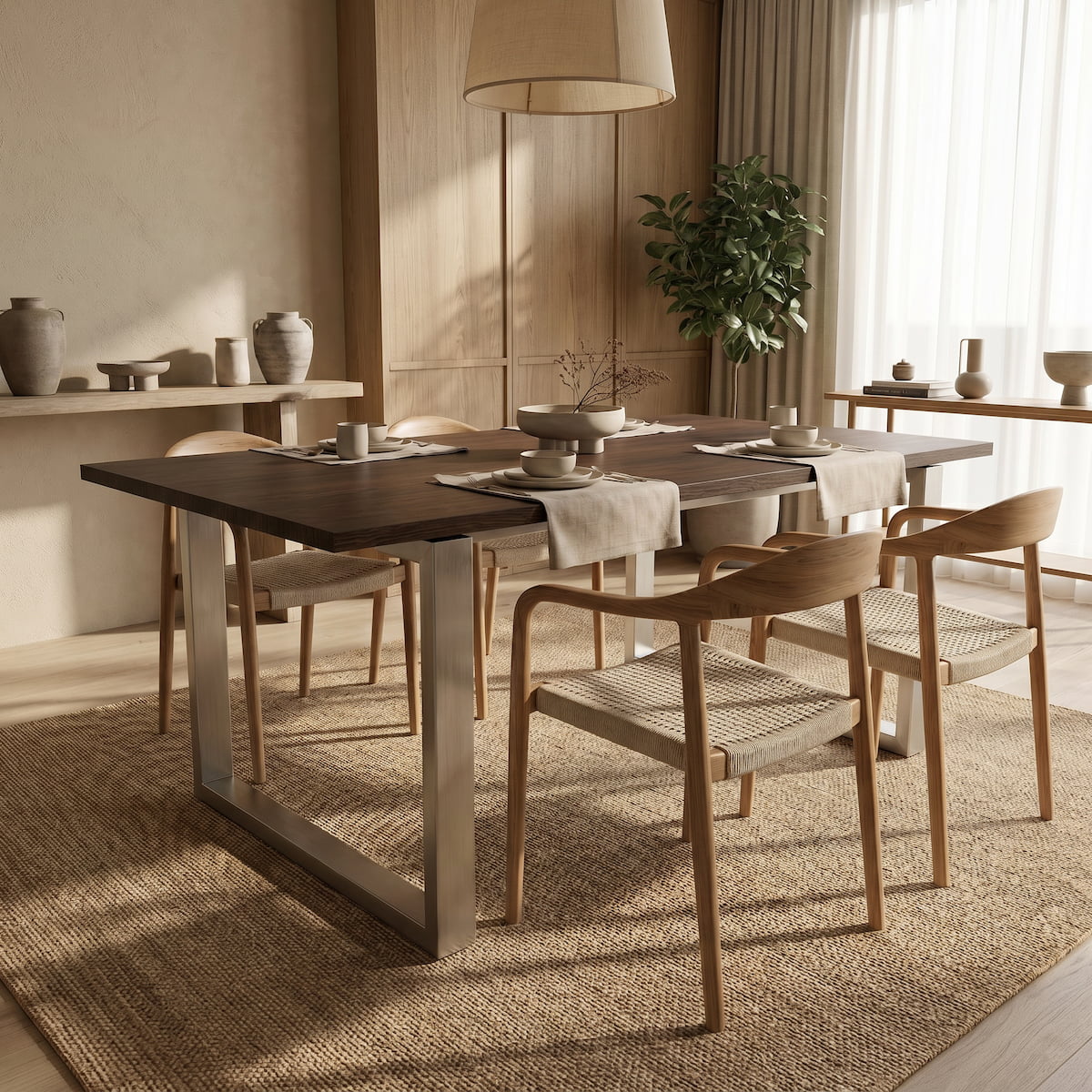 Der Sora Esstisch mit Holzplatte Wenge in einem eingerichteten Esszimmer im Japandi-Stil