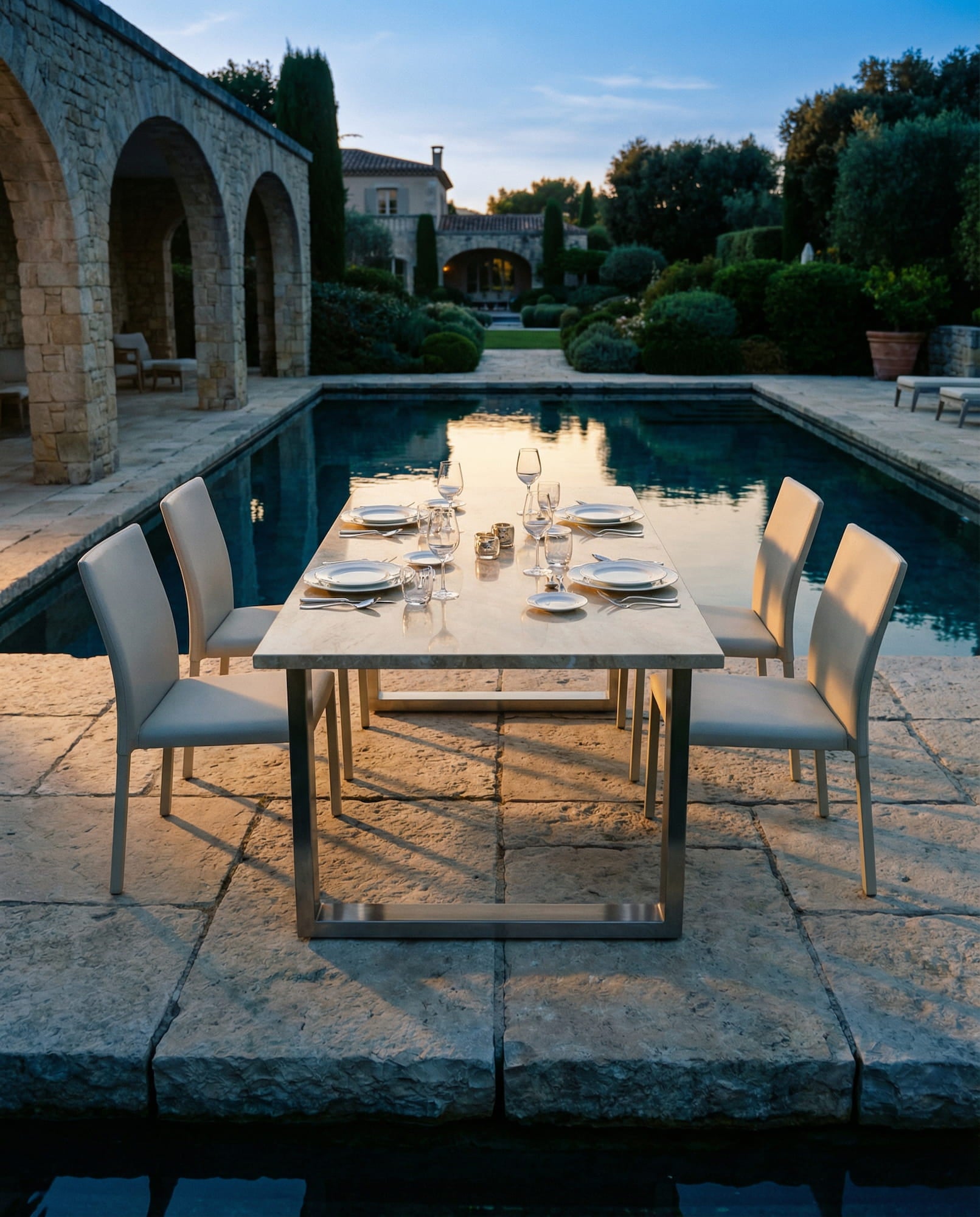 Esstisch Outdoor aus Stein und Edelstahl im zeitlosen Design