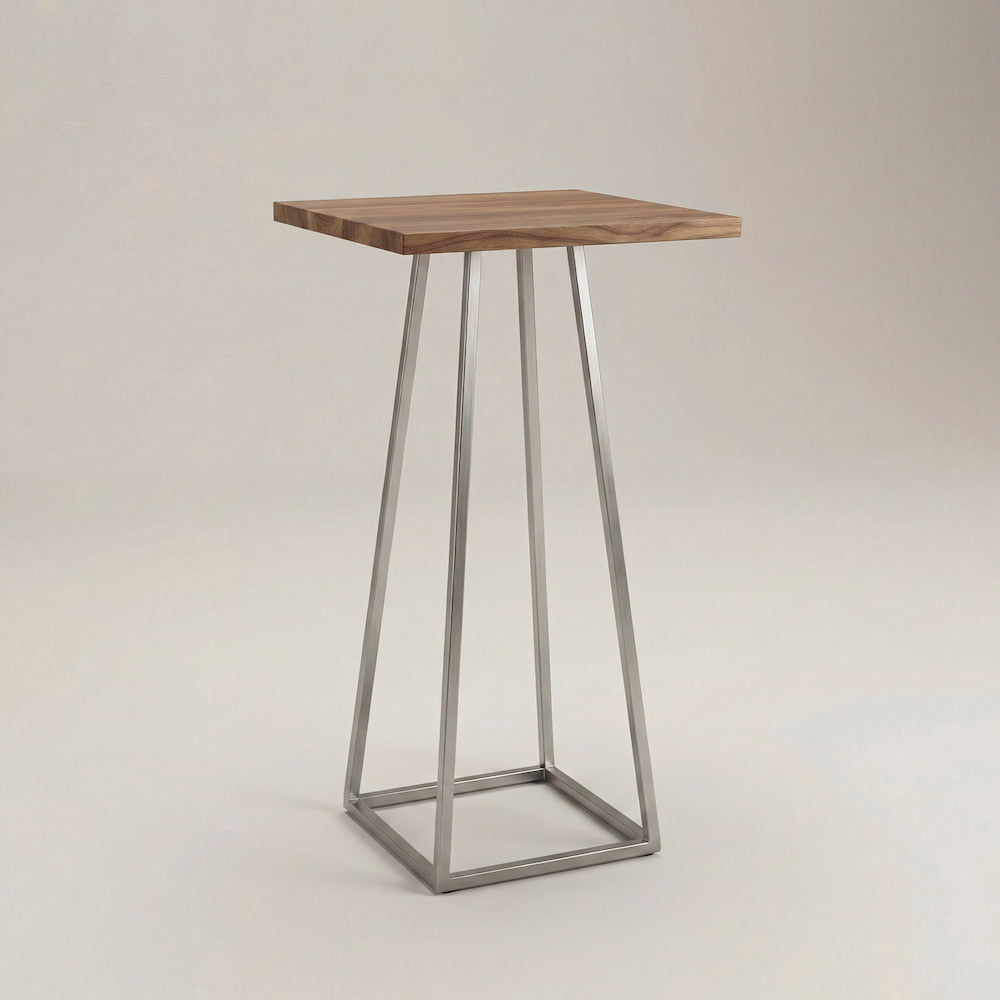 Moderner Stehtisch mit Walnuss Holzplatte und Edelstahlgestell