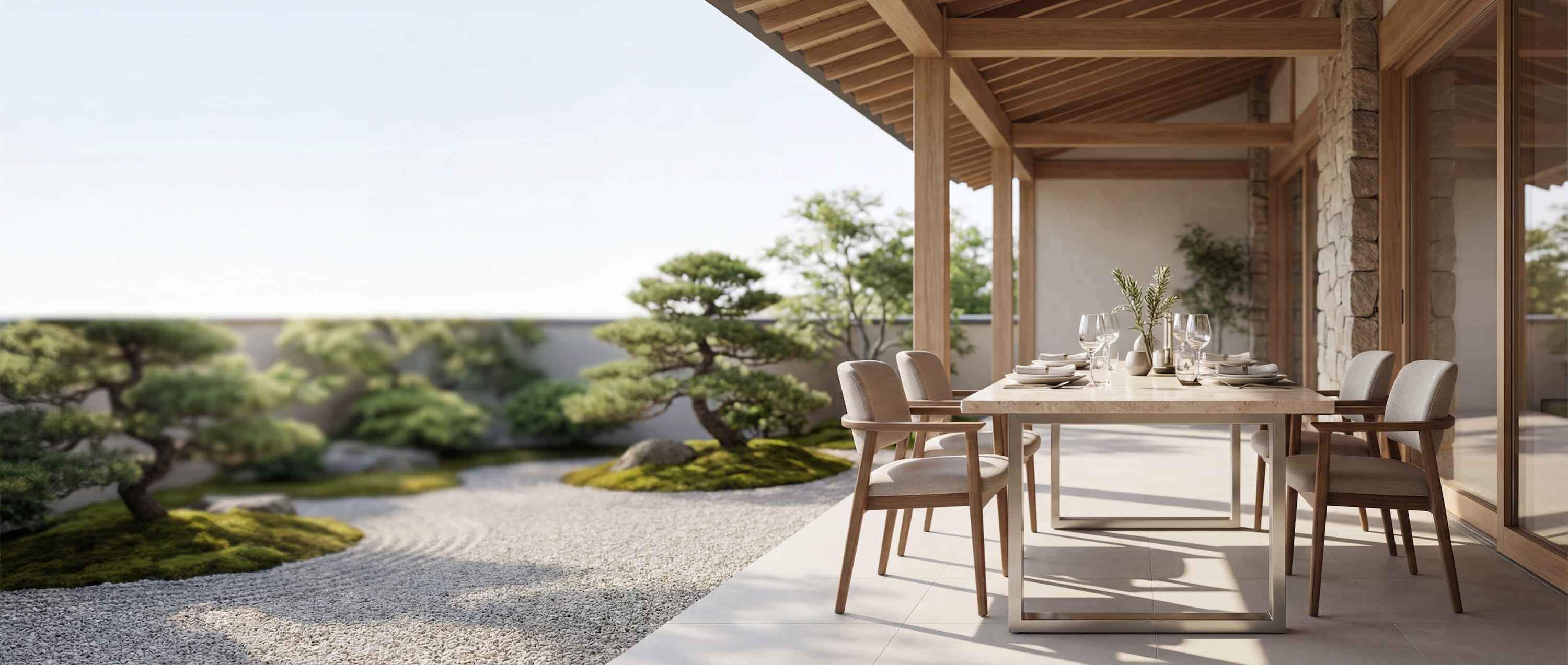 Esstisch aus Edelstahl und Stein auf Outdoor Terrasse